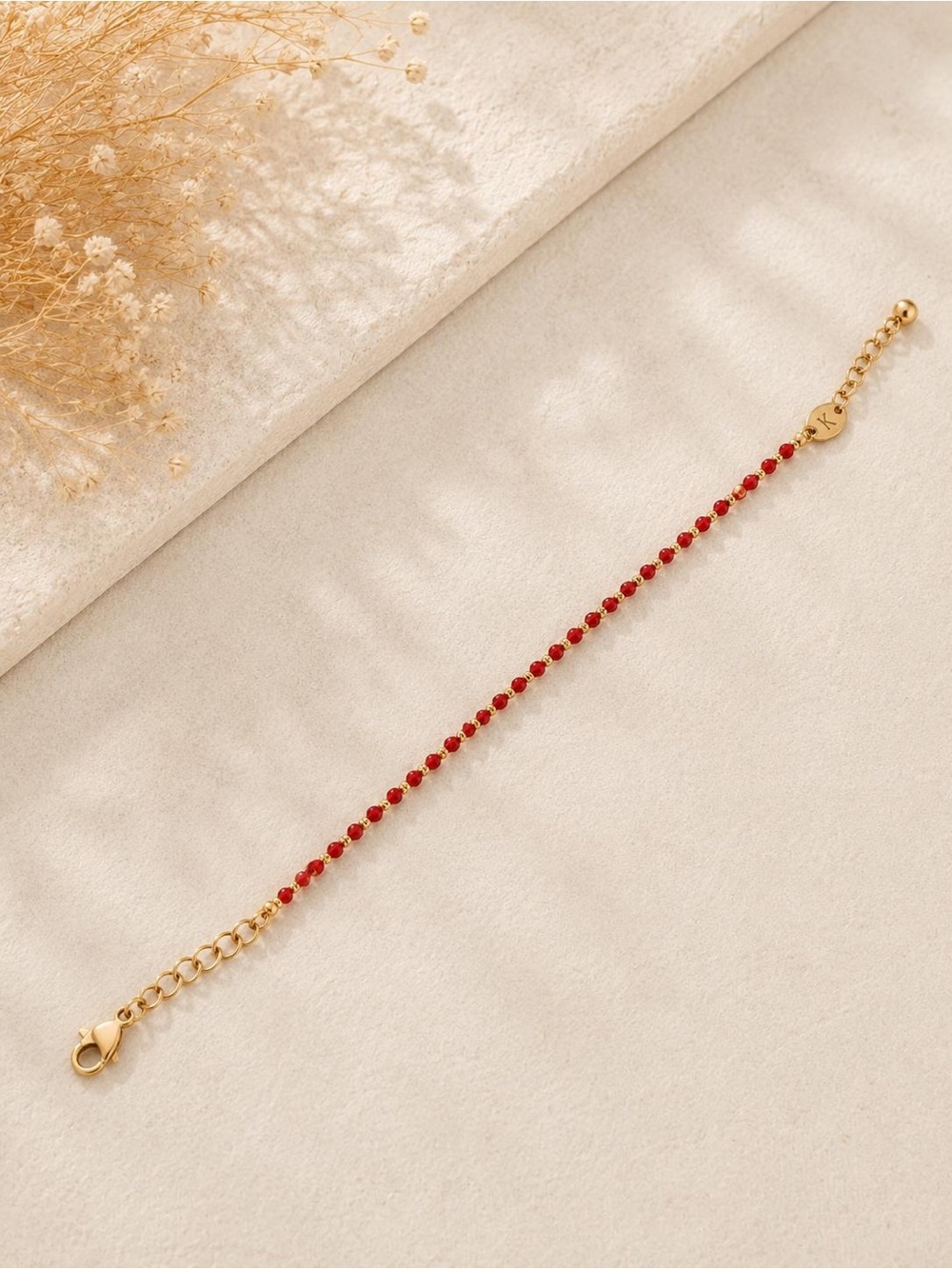 Delicate Red Beaded Gold Bracelet - Women's Jewelry